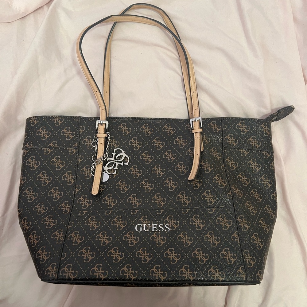 Guess Brown Monogram Tote with Tan Straps